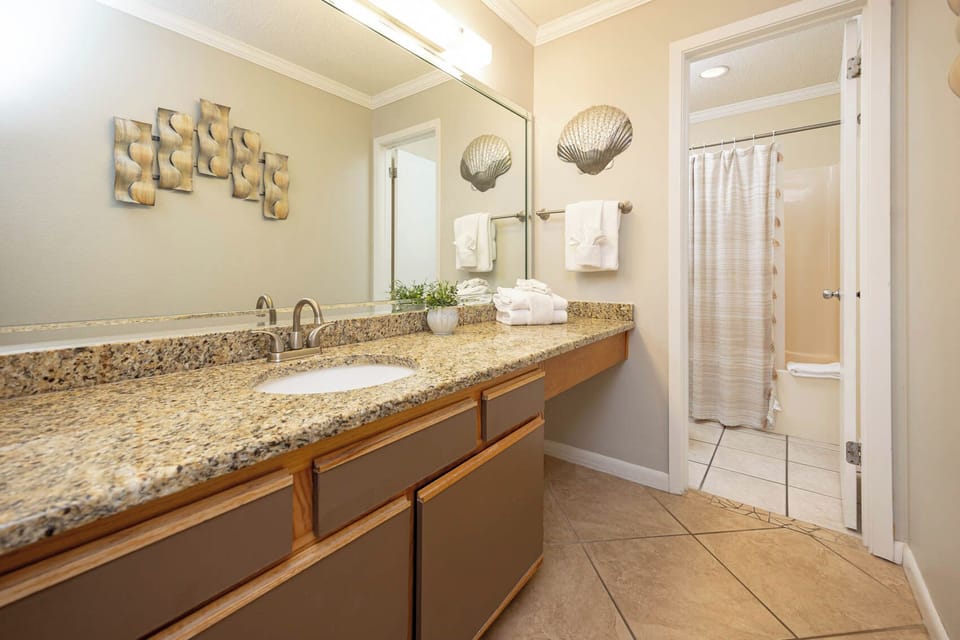 Granite countertops complement the elegant master bathroom, featuring a shower/tub combo and decorative shell accents