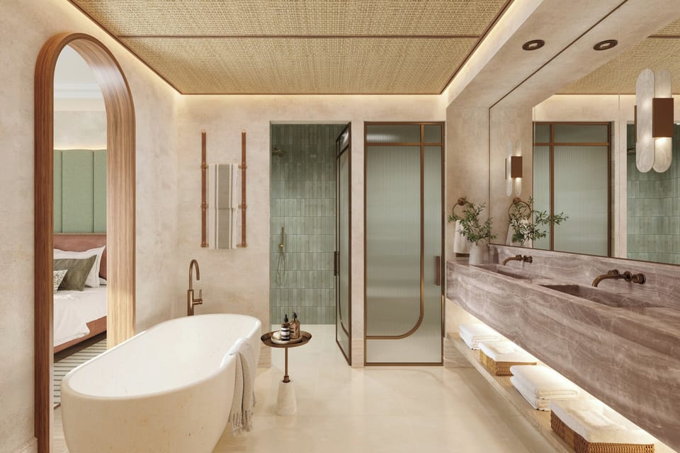 Separate tub and shower, rainfall showerhead, hair dryer, bathrobes