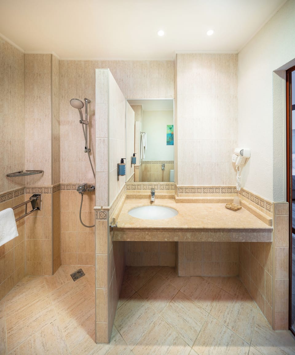 Shower, hair dryer, towels