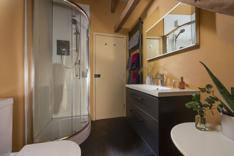 Family shower room with a walk-in shower and heated towel rail