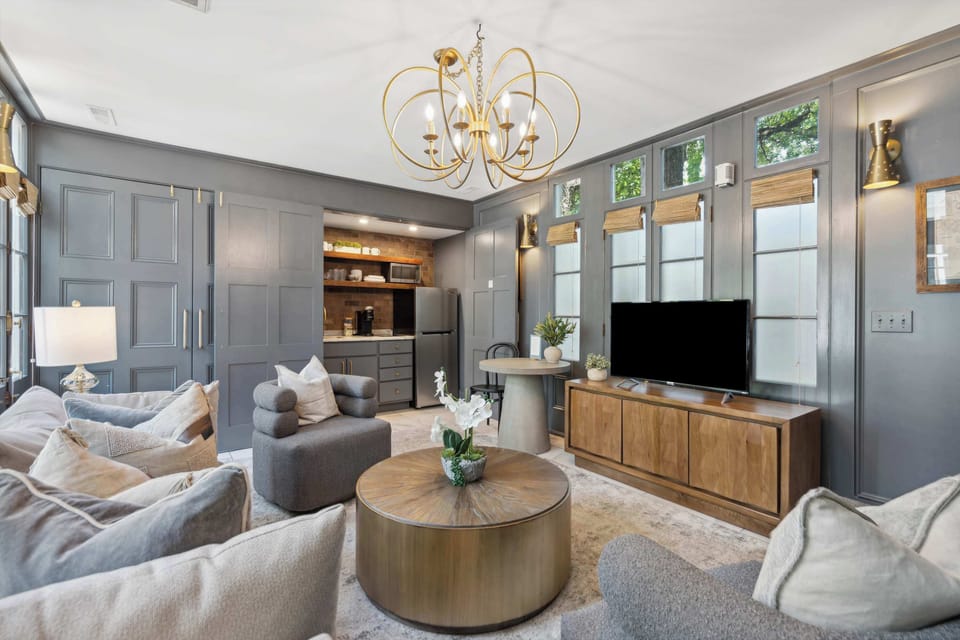 Functional living space featuring a modern kitchenette.