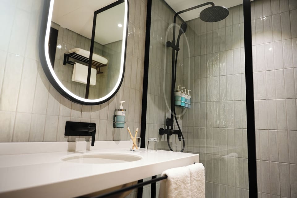 Shower, hydromassage showerhead, eco-friendly toiletries, hair dryer