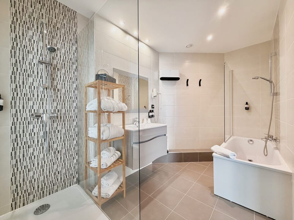 Suite | Bathroom | Free toiletries, hair dryer, towels, shampoo