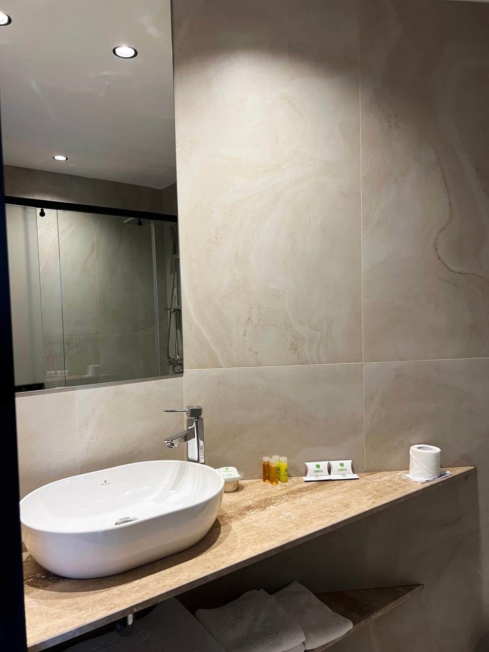 Shower, free toiletries, hair dryer