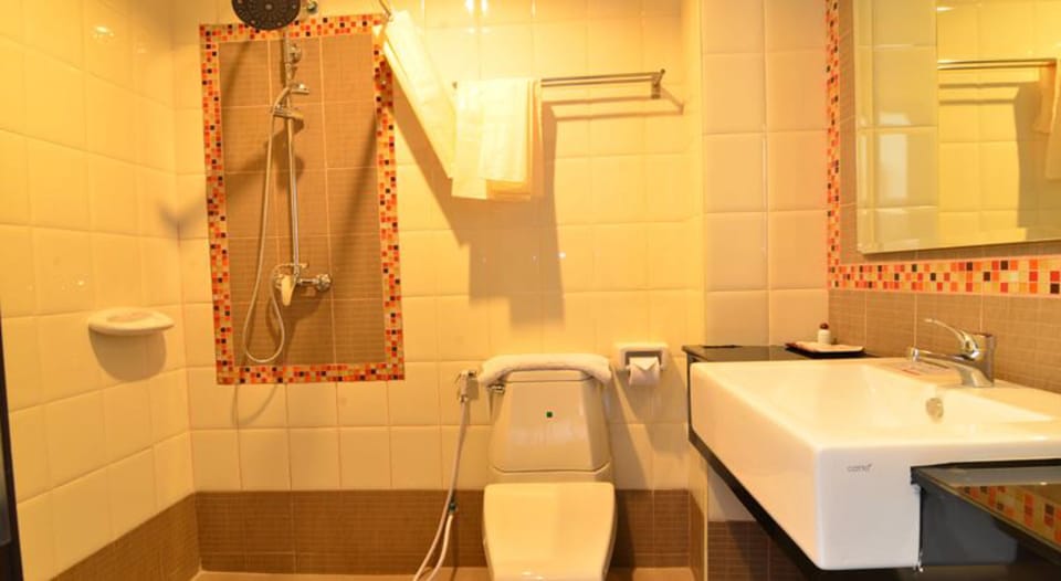 Shower, hydromassage showerhead, designer toiletries, hair dryer