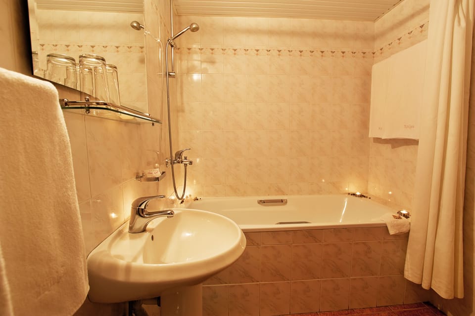 Shower, deep soaking tub, free toiletries, hair dryer