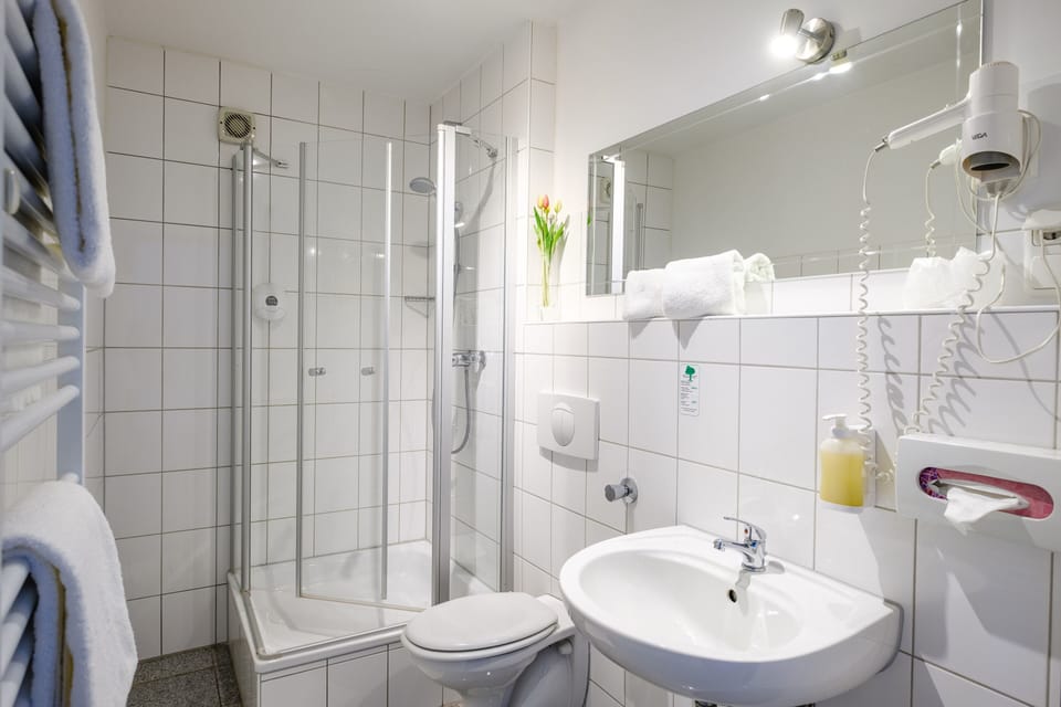 Shower, free toiletries, hair dryer, slippers
