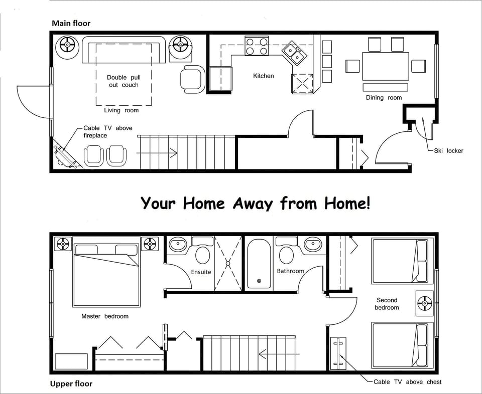 Welcome home to your two-storey chalet with code locks so no fumbling w/ keys!