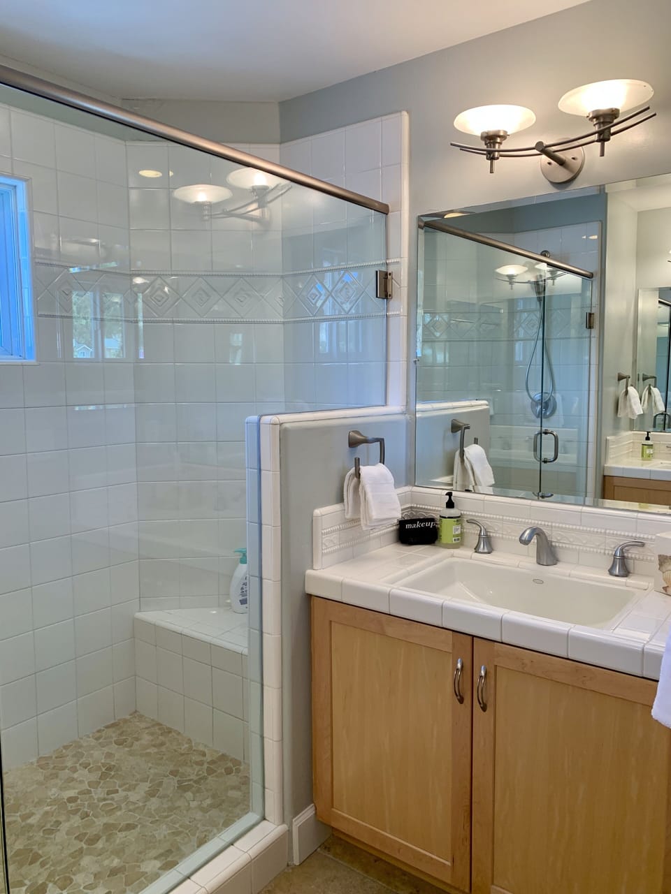 Master ensuite has two separate counter sink areas, large walk-in shower.