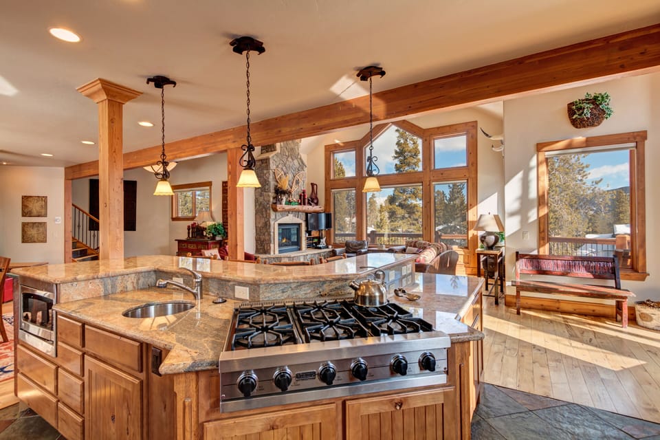 Enjoy mountain views while cooking on the six burner Viking Stove