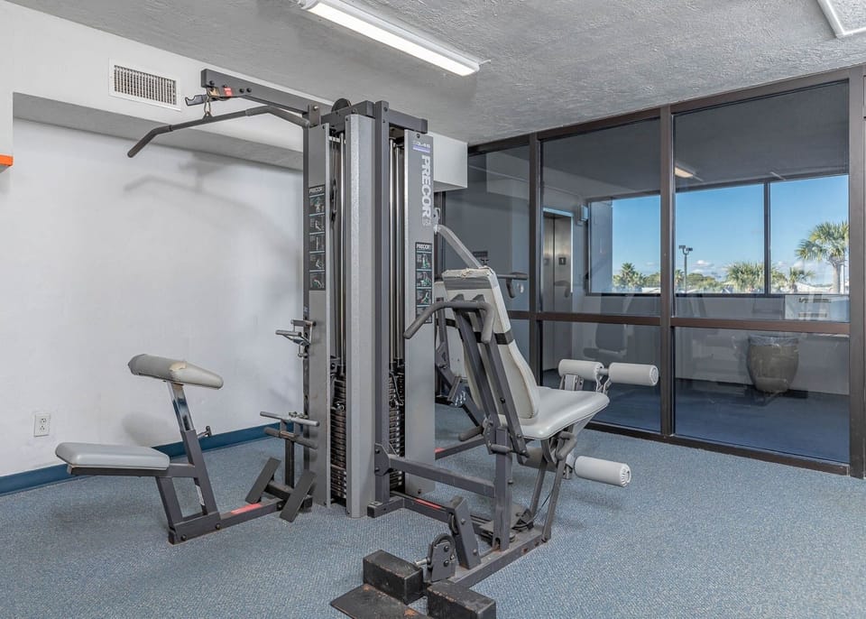 Stay active in the fitness center with views of palm trees and a welcoming atmosphere for your workout routine