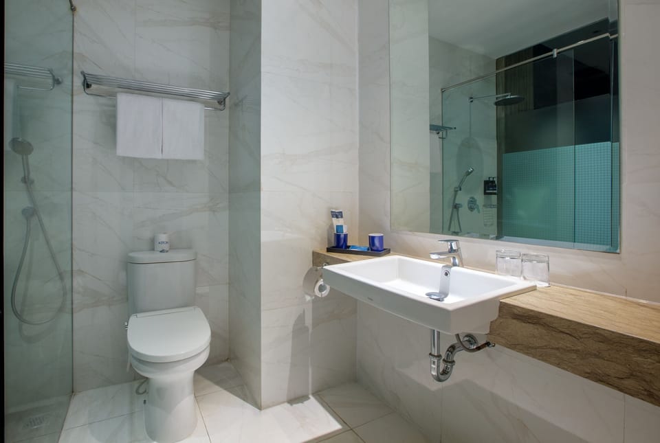 Shower, free toiletries, slippers, towels