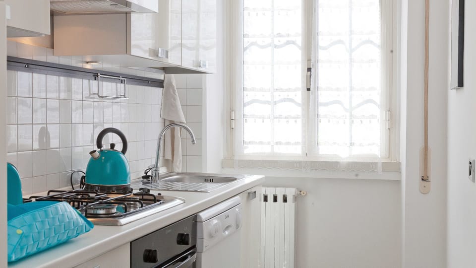 Full-size fridge, oven, stovetop, dishwasher