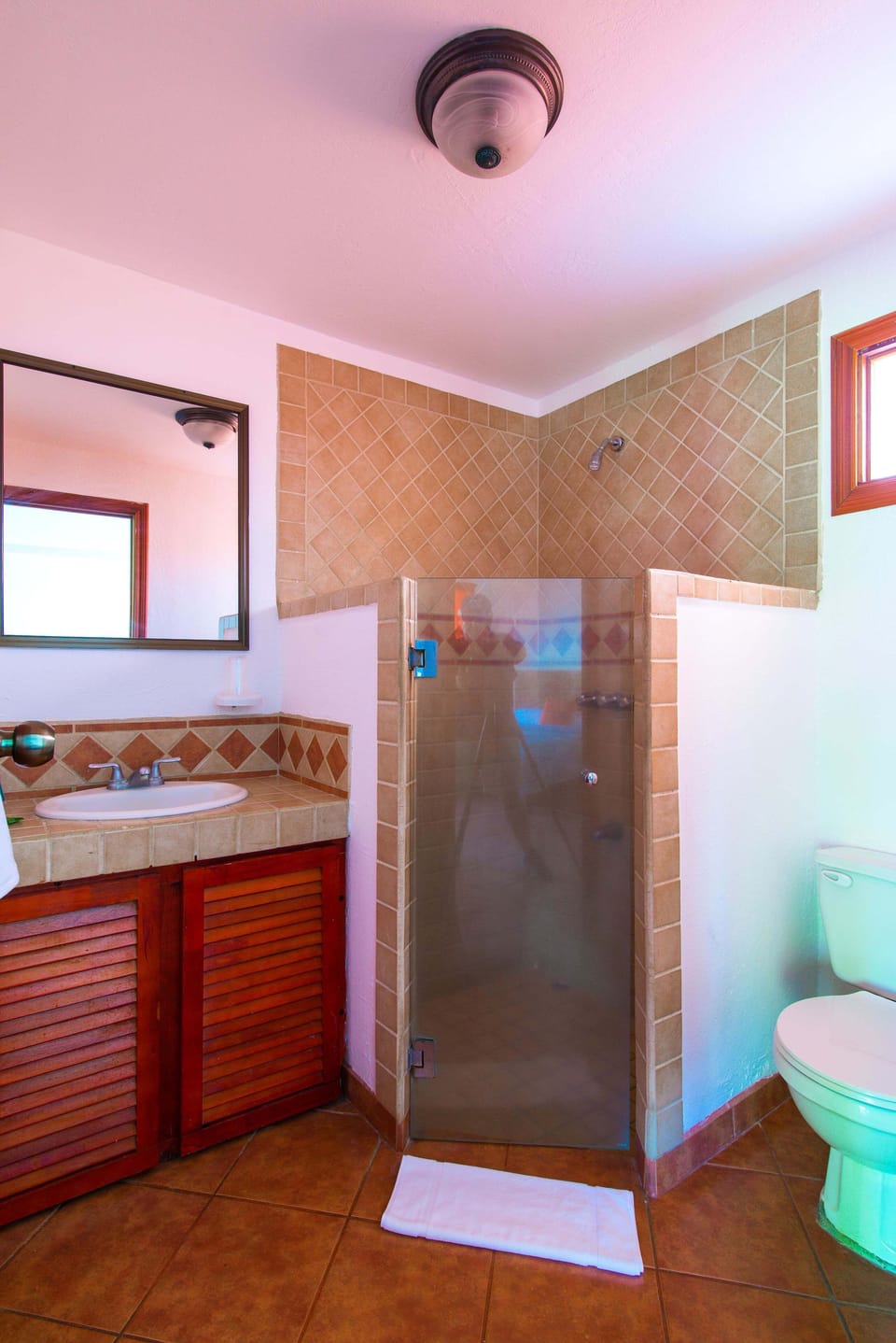 Shower, hair dryer, towels, toilet paper