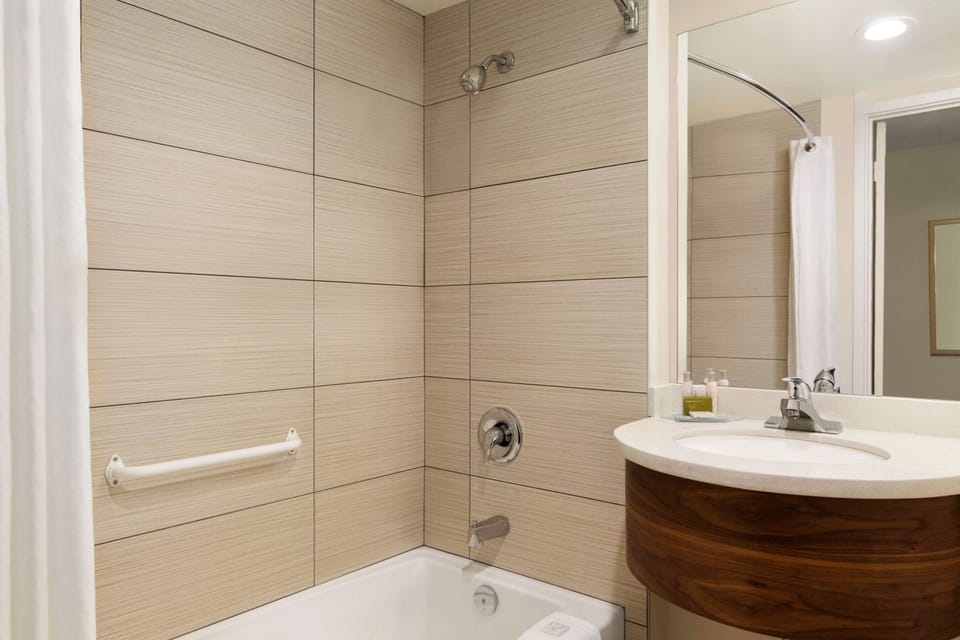 Combined shower/tub, free toiletries, hair dryer, towels