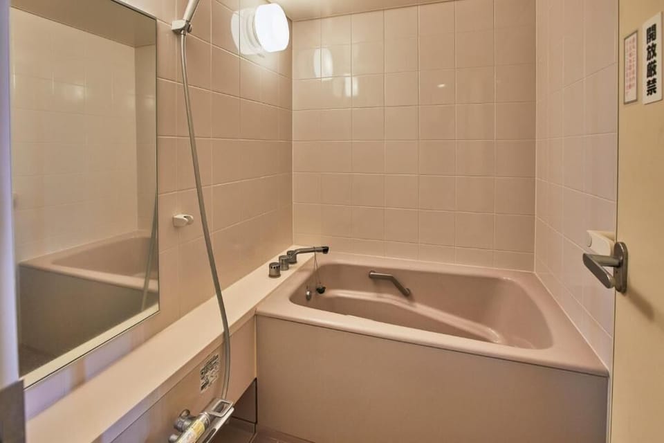 Combined shower/tub, free toiletries, hair dryer, slippers