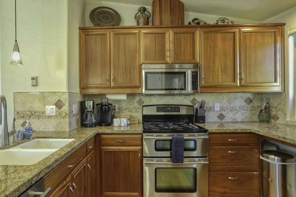 Roomy kitchen with lots of counter work space.