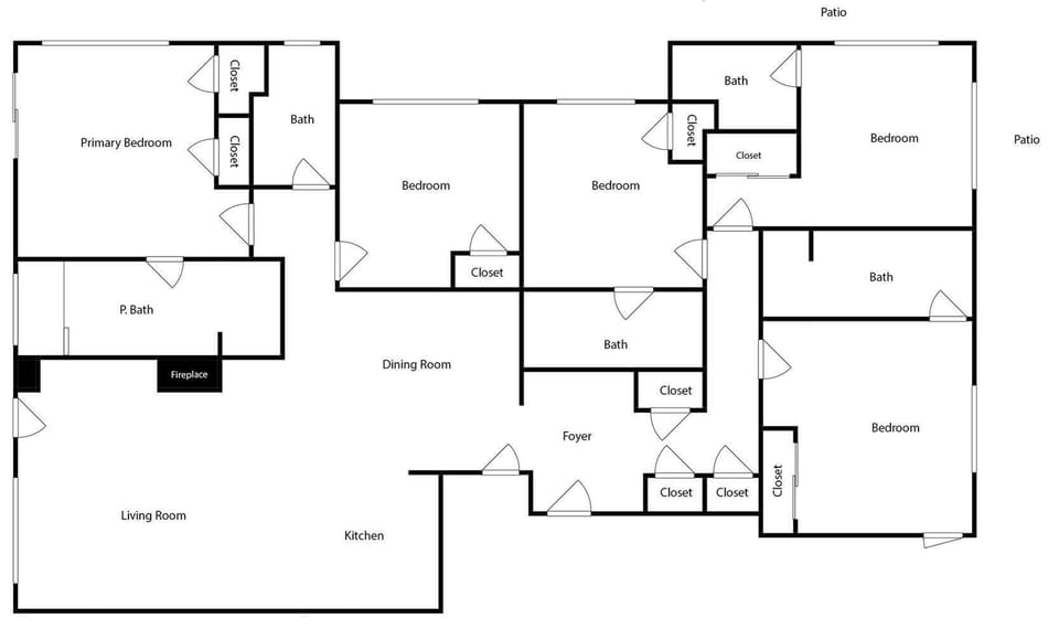 Spacious floor plan showcasing multiple bedrooms, bathrooms, and living areas with patios for your group getaway.