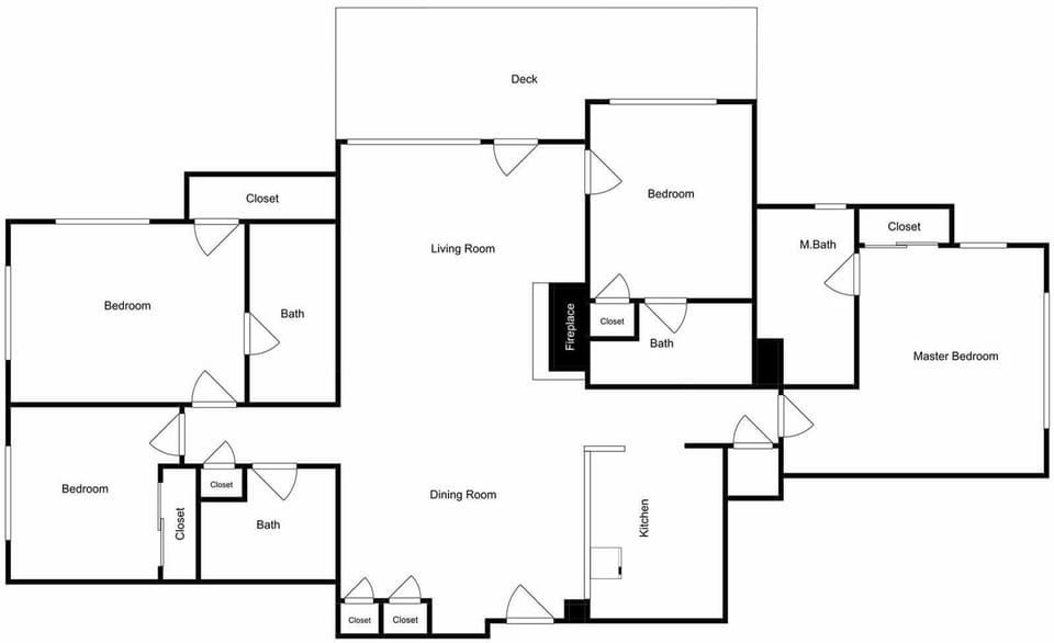 Detailed floor plan showcasing the spacious layout with multiple bedrooms, bathrooms, living areas, and outdoor deck access.