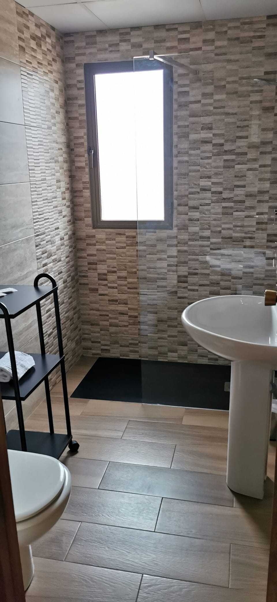 Combined shower/tub, free toiletries, towels