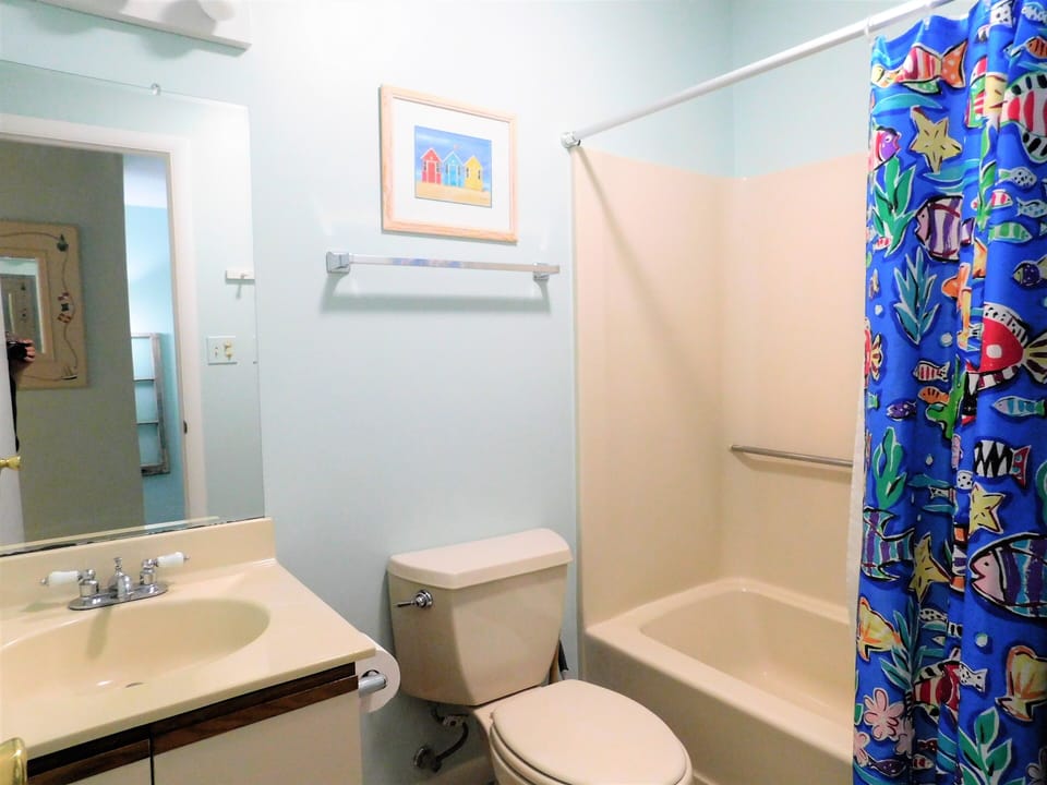 451 D Garfield Parkway - Shared Full Bath - Bathroom featuring a white vanity and a shower/tub combo with a colorful sea-themed patterned curtain.