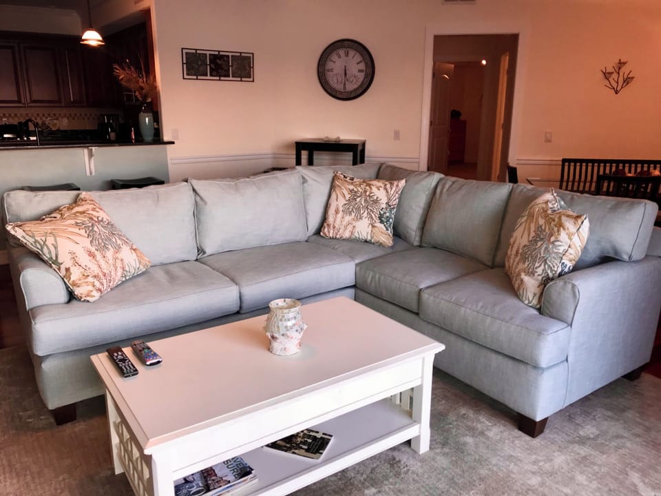 Living area with comfortable sectional sofa and 47 in Sony Bravia TV