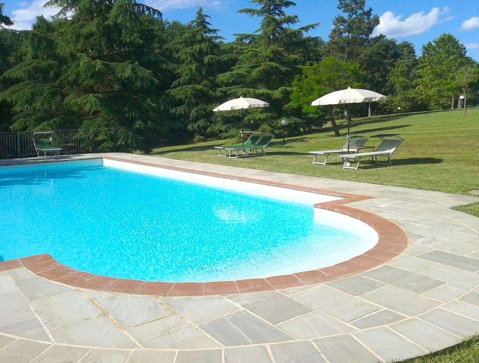Seasonal outdoor pool, an infinity pool, pool umbrellas, sun loungers