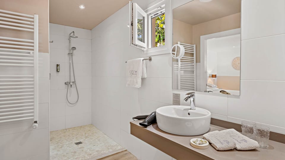 Deluxe Double Room, Lanai, Garden Area | Bathroom | Shower, rainfall showerhead, eco-friendly toiletries, hair dryer