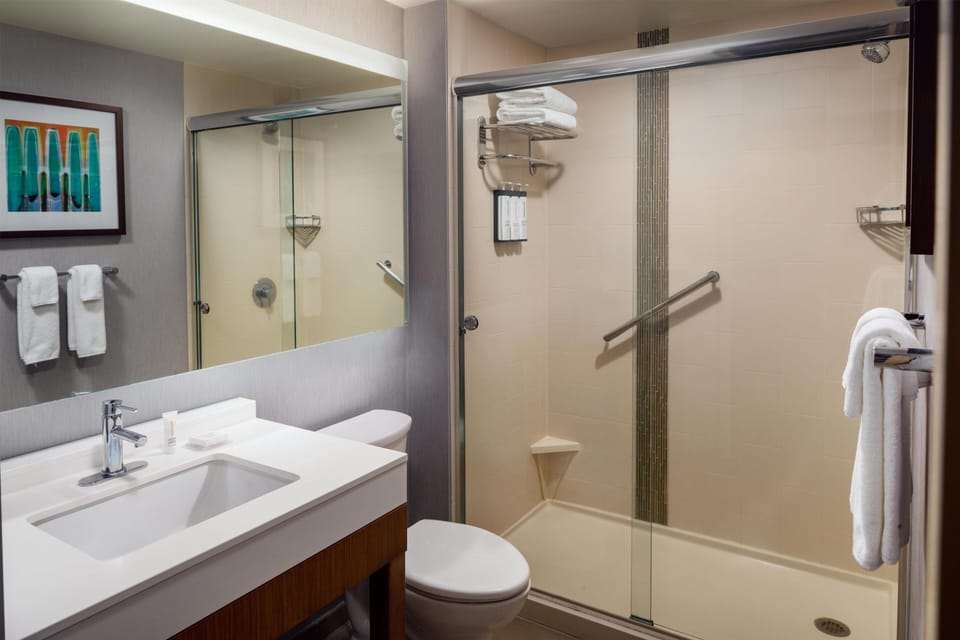 Shower, free toiletries, hair dryer, towels