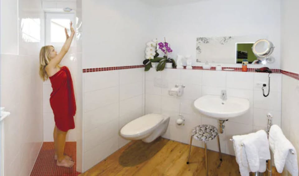 Shower, free toiletries, hair dryer, towels