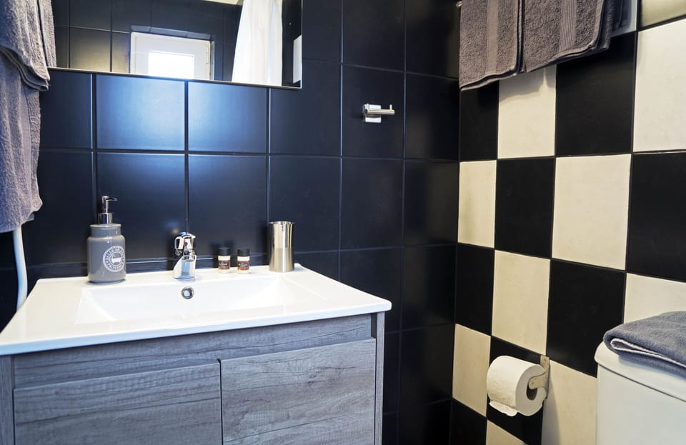 Shower, free toiletries, hair dryer, towels