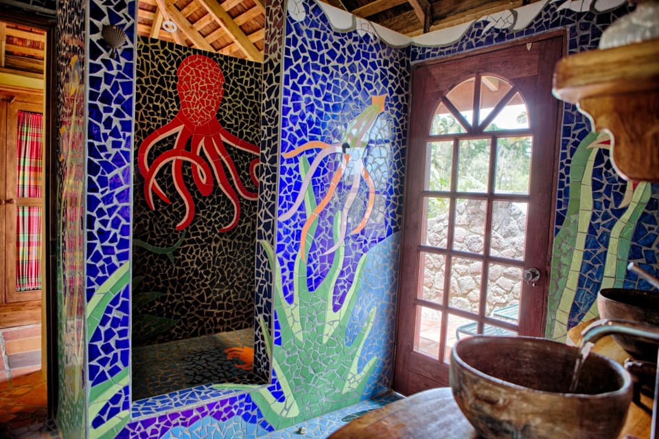 Master bath shower and doorway to private veranda.