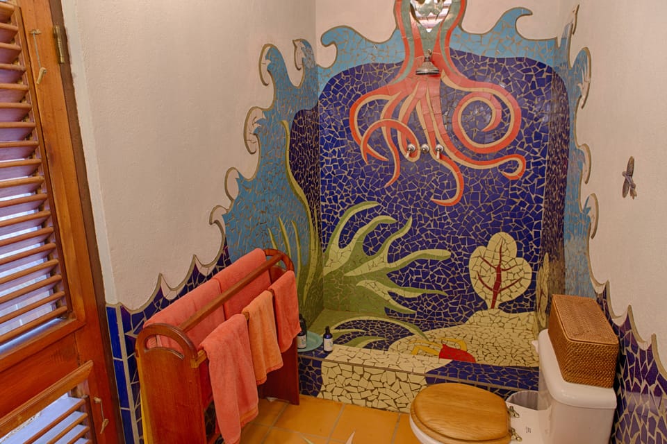 The tiled bathroom shower is shared by two downstairs bedrooms.