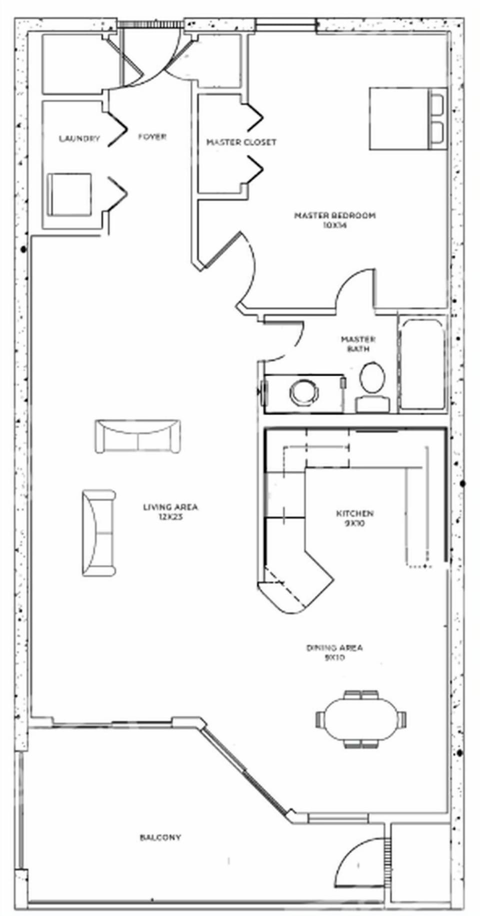 This floor plan includes a spacious living area and an additional half bath for convenience