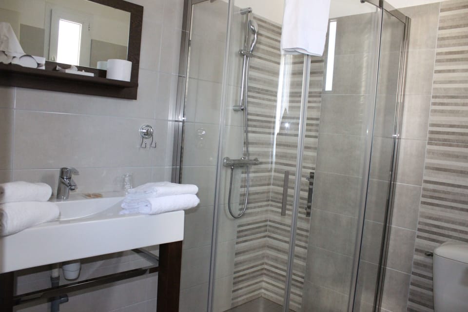 Shower, free toiletries, hair dryer, towels