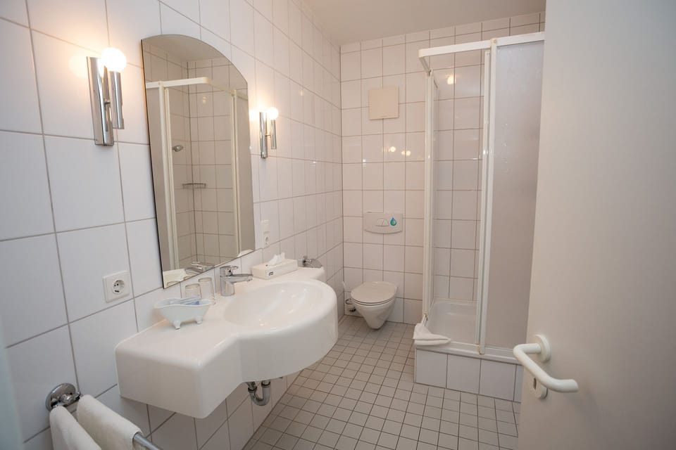 Shower, free toiletries, hair dryer, towels