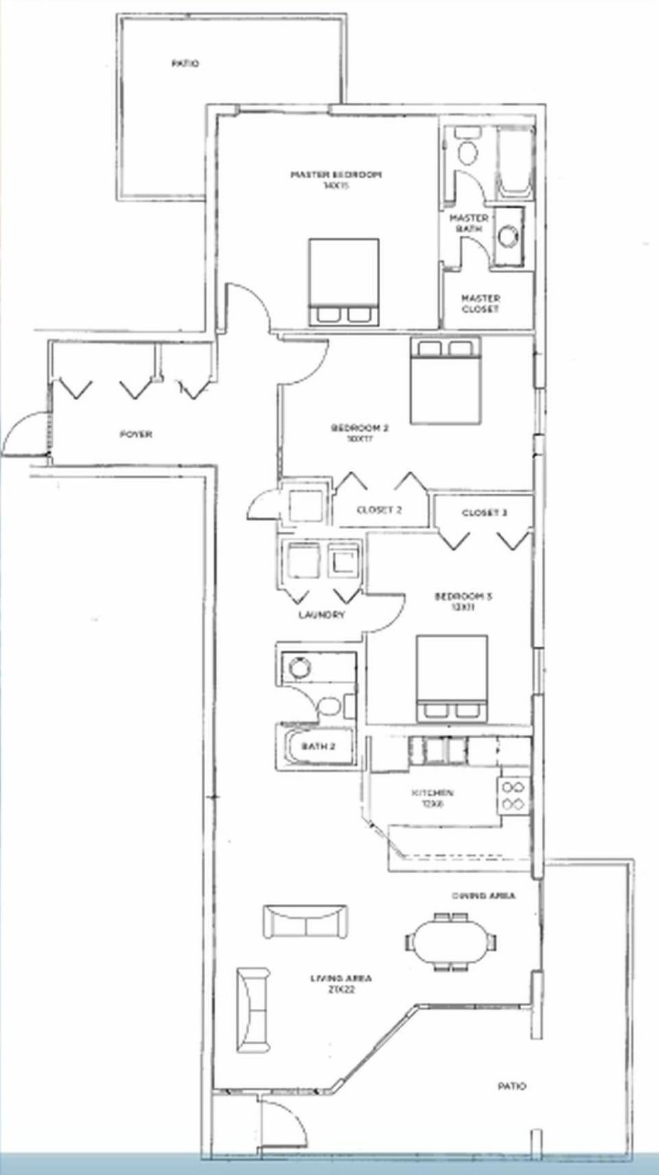 Three-bedroom layout with spacious living area, beach balcony from the living space, and north balcony from the master suite