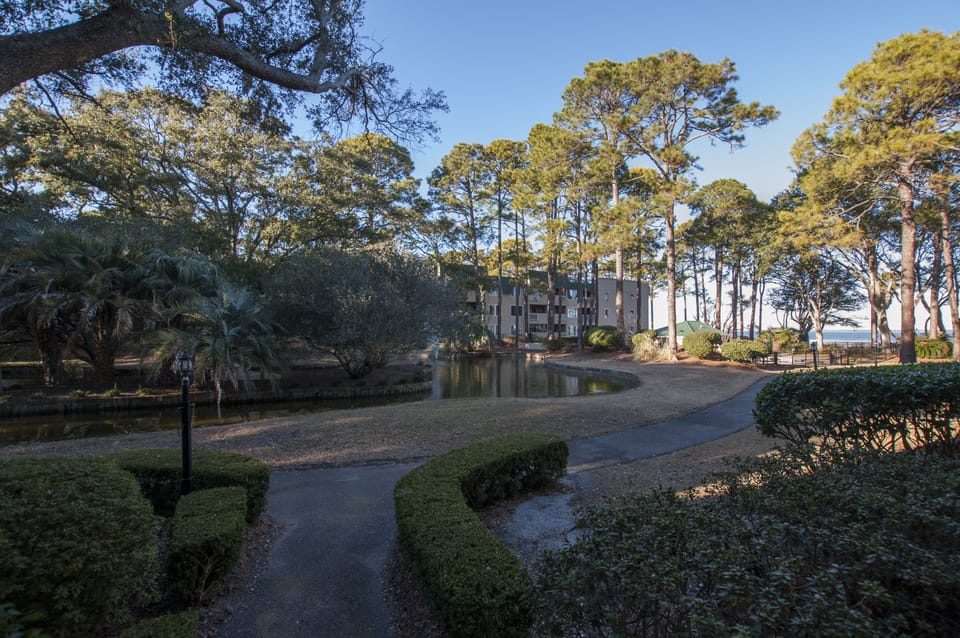 Beautiful landscaping, lagoon and fountain just outside of our condo