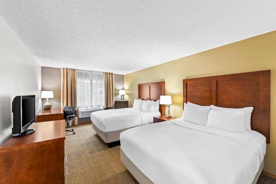 Standard Room, 2 Queen Beds, Non Smoking | 1 bedroom, desk, laptop workspace, iron/ironing board