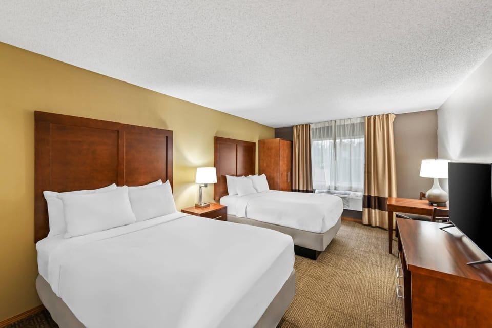 Room, 2 Double Beds, Accessible, Non Smoking | 1 bedroom, desk, laptop workspace, iron/ironing board