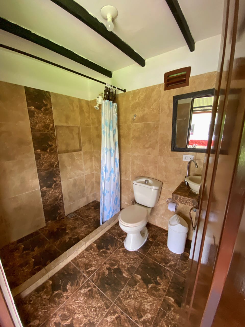 Shower, free toiletries, towels, soap