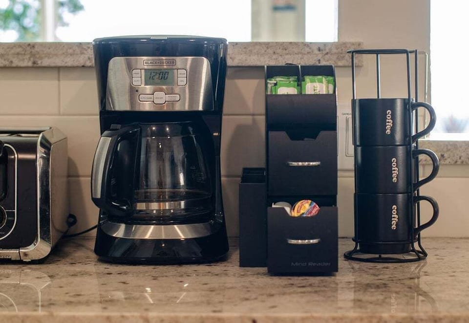 Start your mornings right with our fully stocked coffee setup – perfect for caffeine enthusiasts!