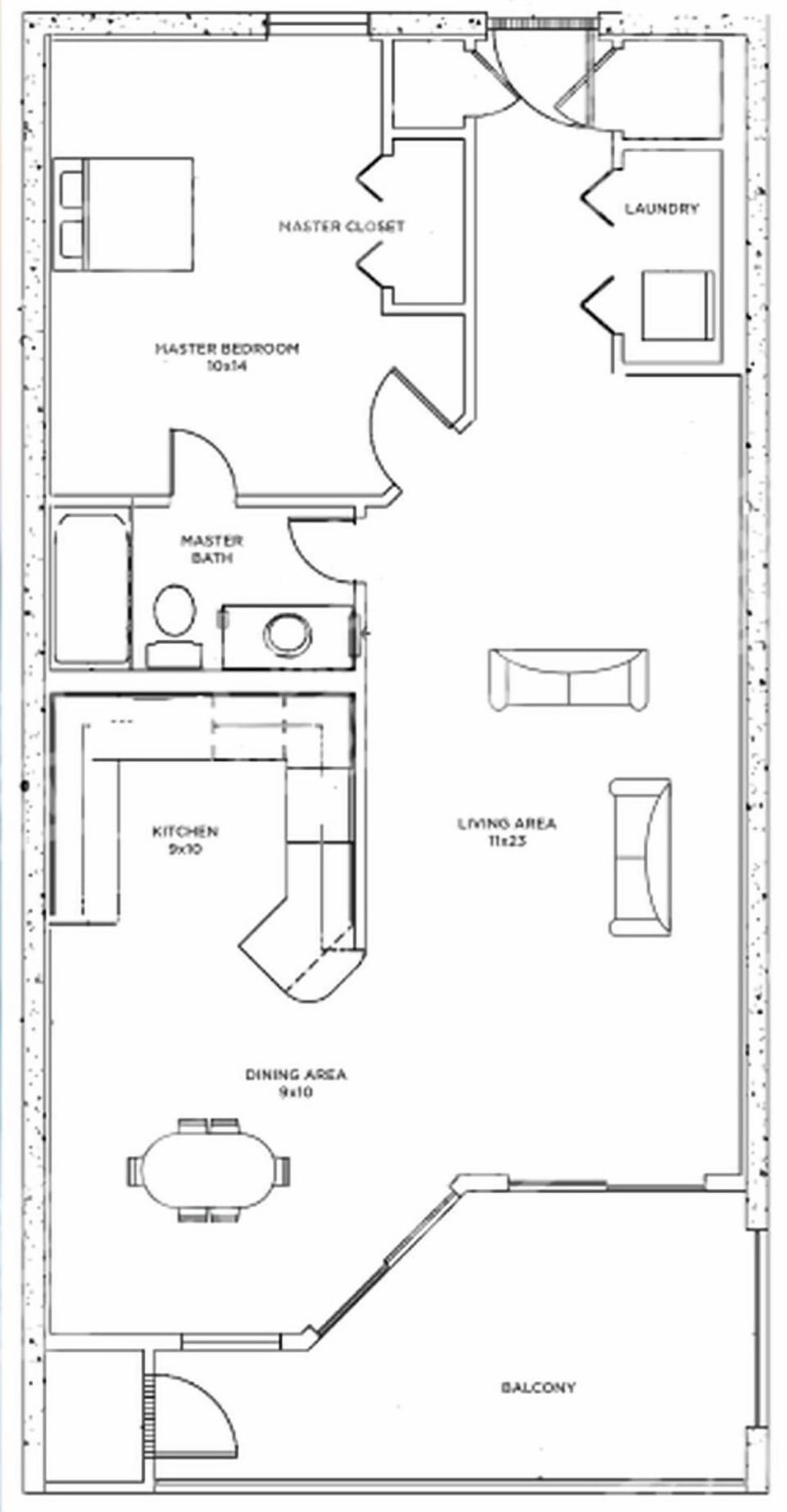 One-bedroom layout with spacious living, dining, and kitchen areas with beachfront balcony access