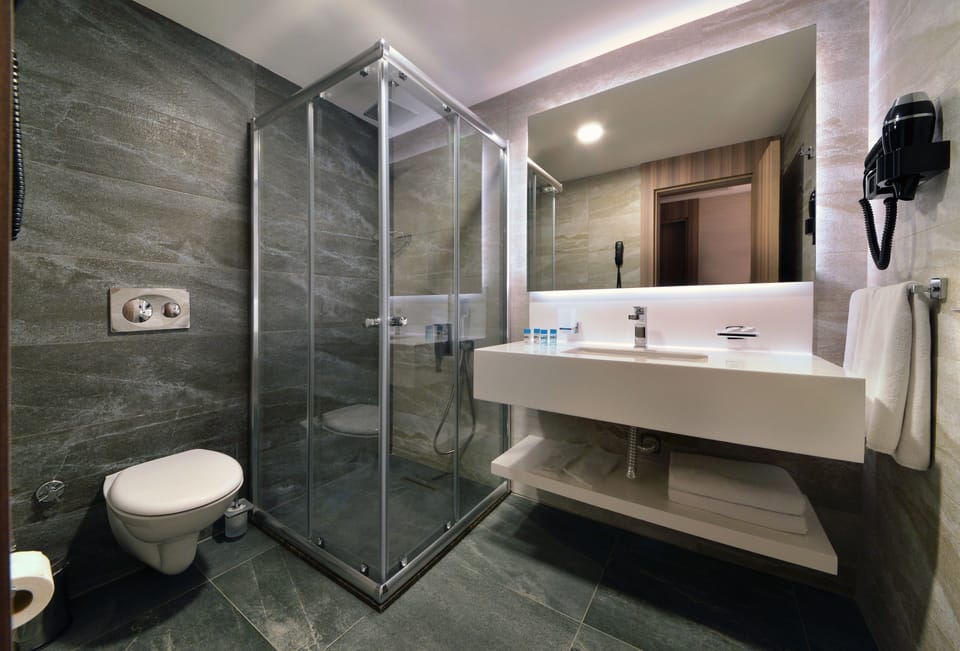Shower, free toiletries, hair dryer, slippers