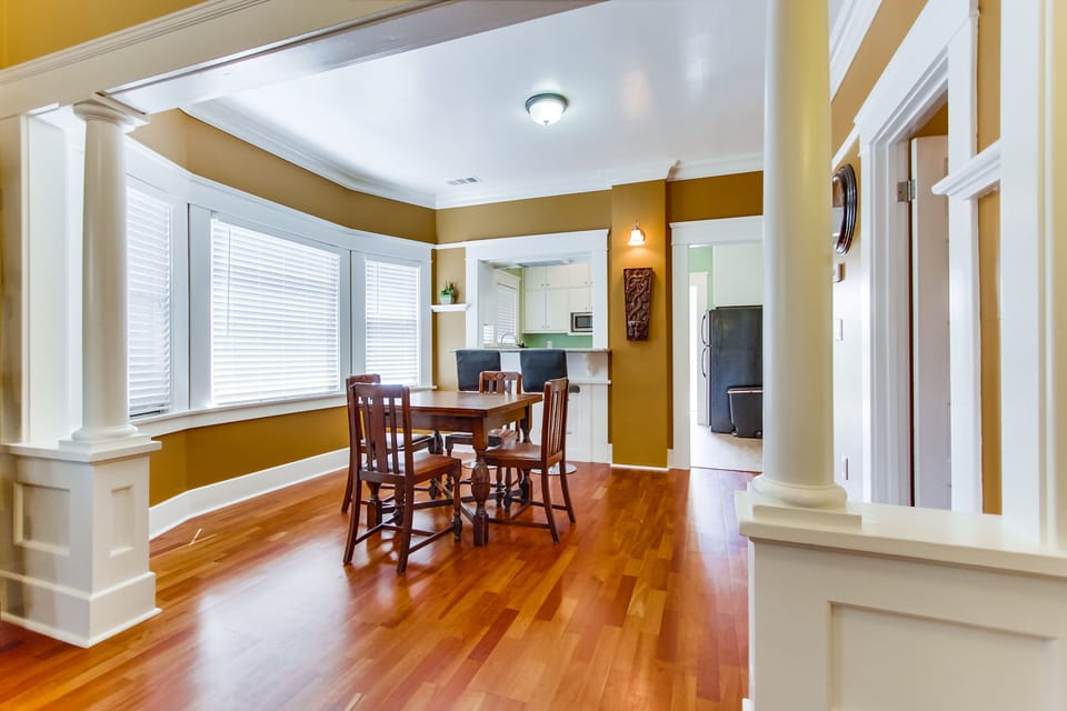Gather around the dining table in the bright and airy dining room, where seating for six awaits for memorable meals and conversations.