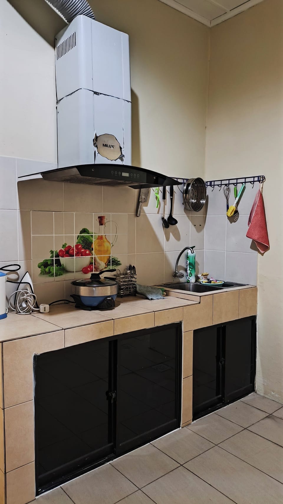 Full-size fridge, stovetop, dishwasher, cookware/dishes/utensils