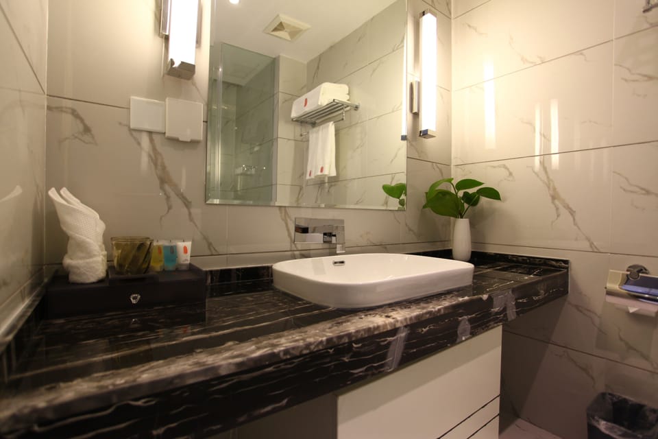 Shower, free toiletries, hair dryer, slippers