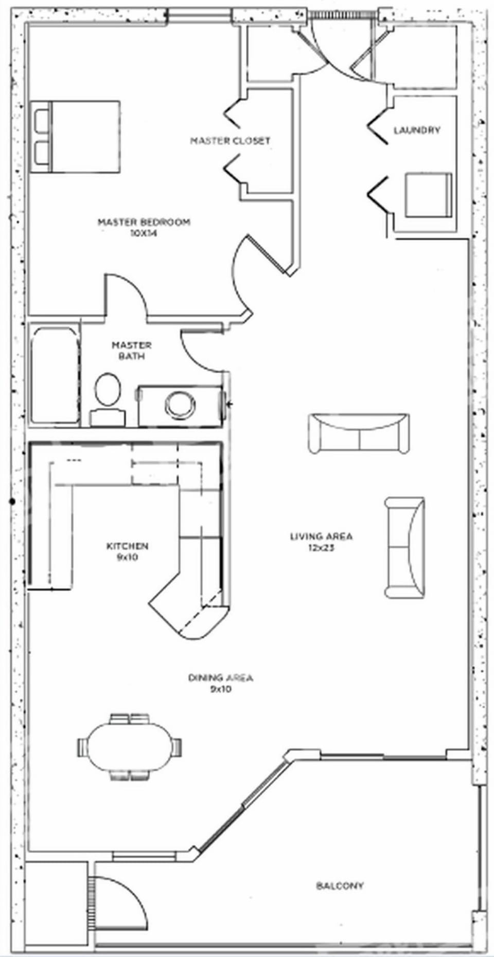 Floor plan showcasing a one-bedroom layout with a spacious living area, dining area, and convenient balcony access