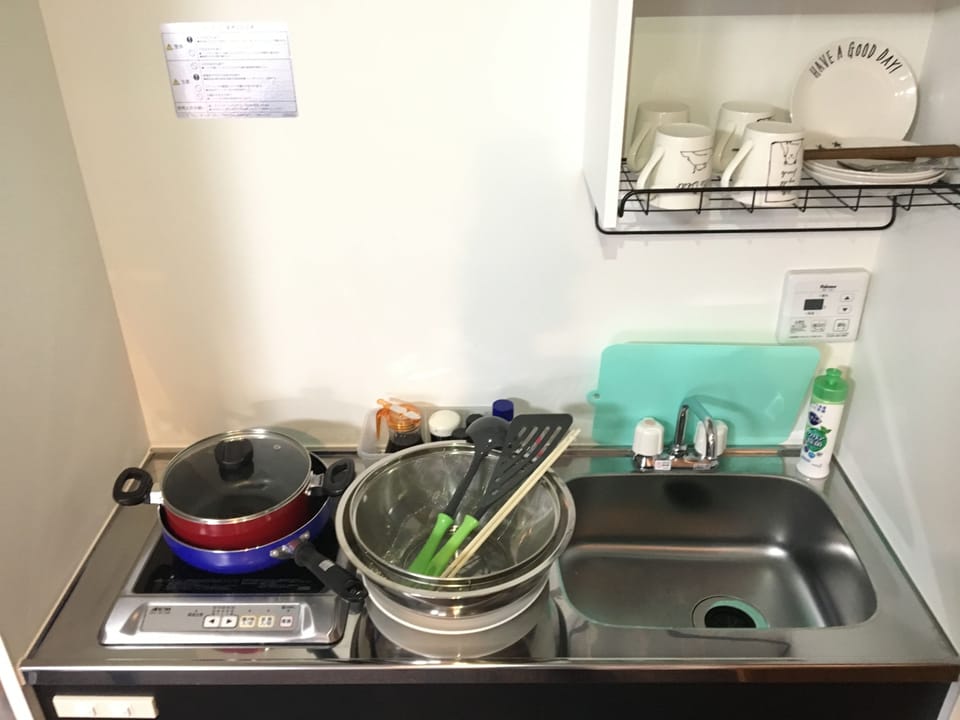 Fridge, microwave, stovetop, electric kettle