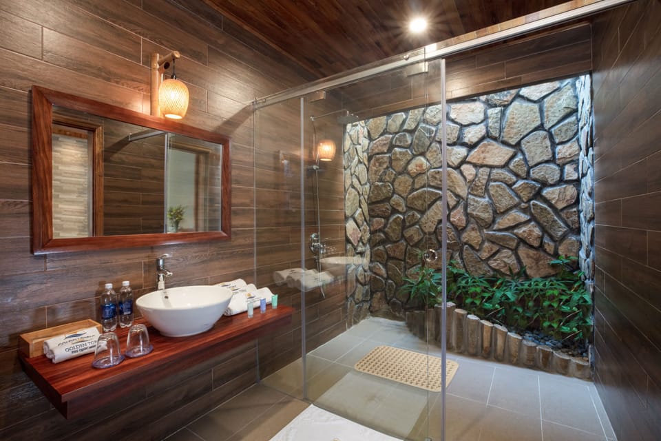 Shower, hydromassage showerhead, designer toiletries, hair dryer